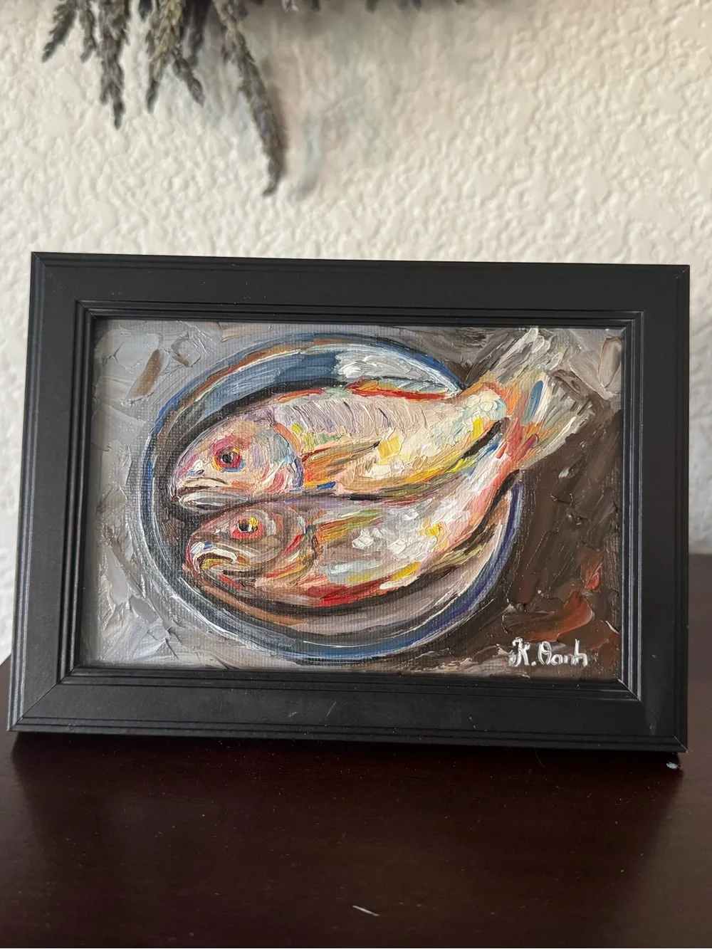 Original oil painting still life fishes signed framed 4x6 inches
